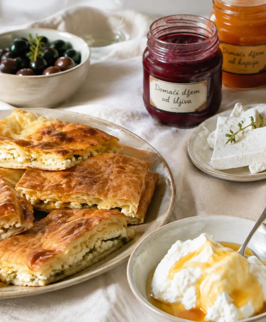 Börek, ev yapımı reçel ve peynirlerden oluşan Balkan kahvaltısı detayı